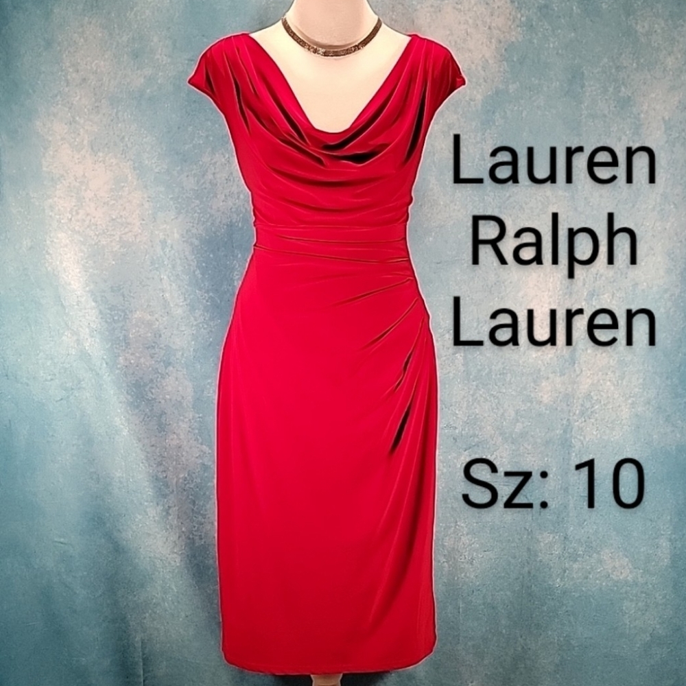 ❤Red Lauren RL Midi Dress w/ Cap Sleeves, Cowl Neck & Gorgeous Ruching!